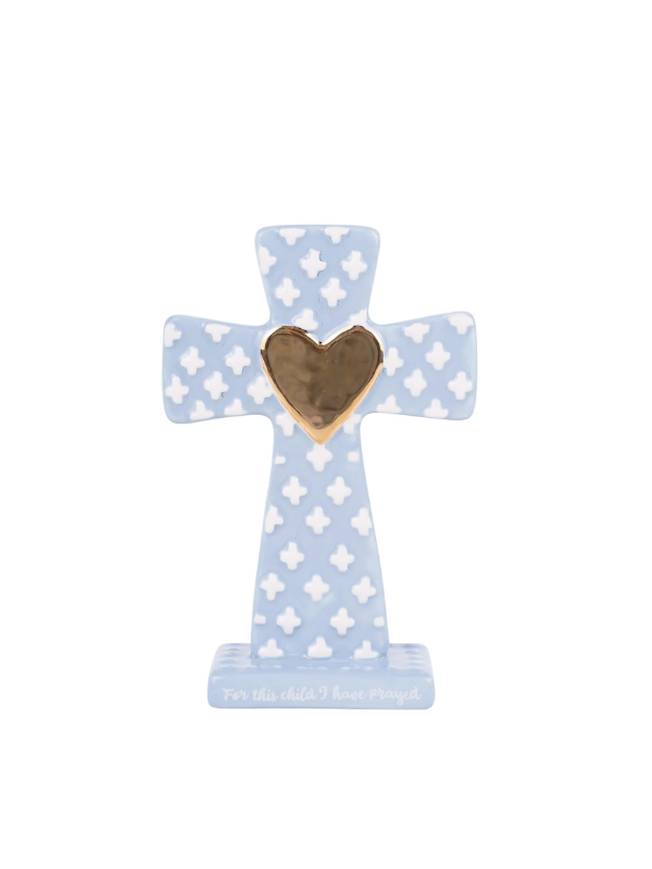 Blue ceramic cross with gold heart in the middle 