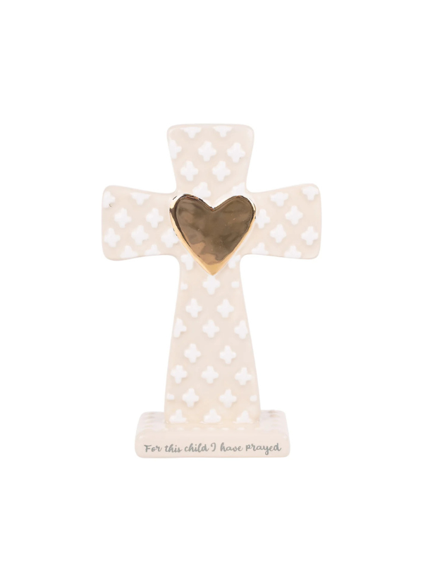neutral ceramic cross with gold heart in the middle 