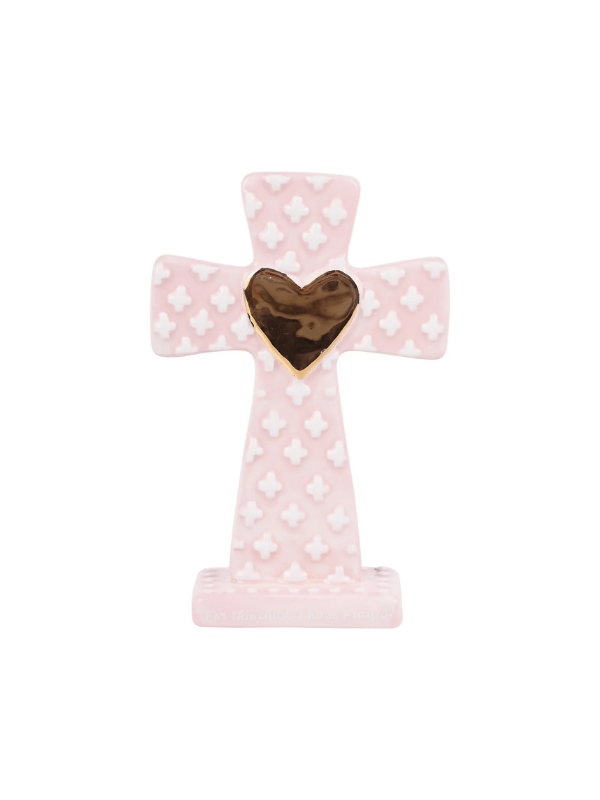 Pink ceramic cross with gold heart in the middle 