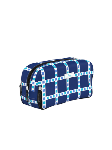 Navy blue toiletry and makeup bag with checkered blue and white pattern and zipper compartments 