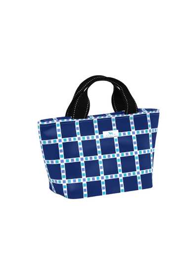 Blue square patterned insulated lunch box tote cooler