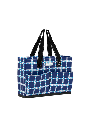 Blue square patterned tote bag with pockets