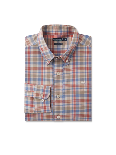 A folded men's long-sleeve plaid button-down shirt from The North Face, featuring a beige, blue, and red check pattern with a small white logo on the chest pocket.