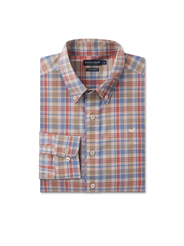A folded men's long-sleeve plaid button-down shirt from The North Face, featuring a beige, blue, and red check pattern with a small white logo on the chest pocket.