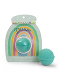 A greenish blue bath bomb with a friendship bracelet that says "dream"