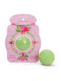 A green bath bomb with packaging that comes with friendship bracelet that says "fearless"