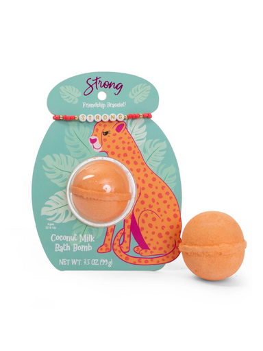 Orange bath bomb with friendship bracelet that says strong 