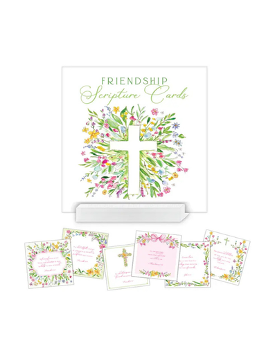 Set of friendship scripture cards with floral cross design on a white background
