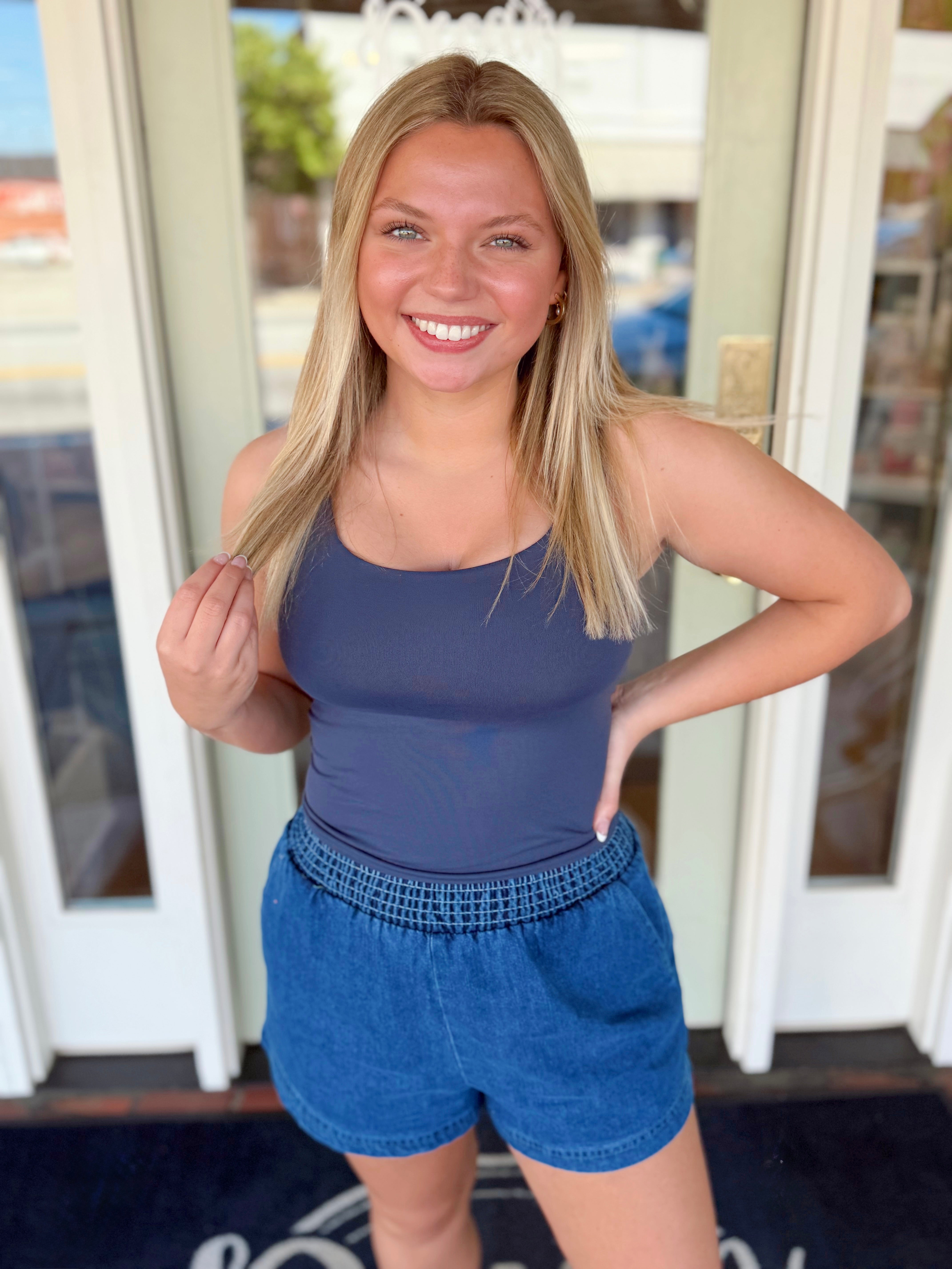 The Marlee Square Neck Top in Steel Blue