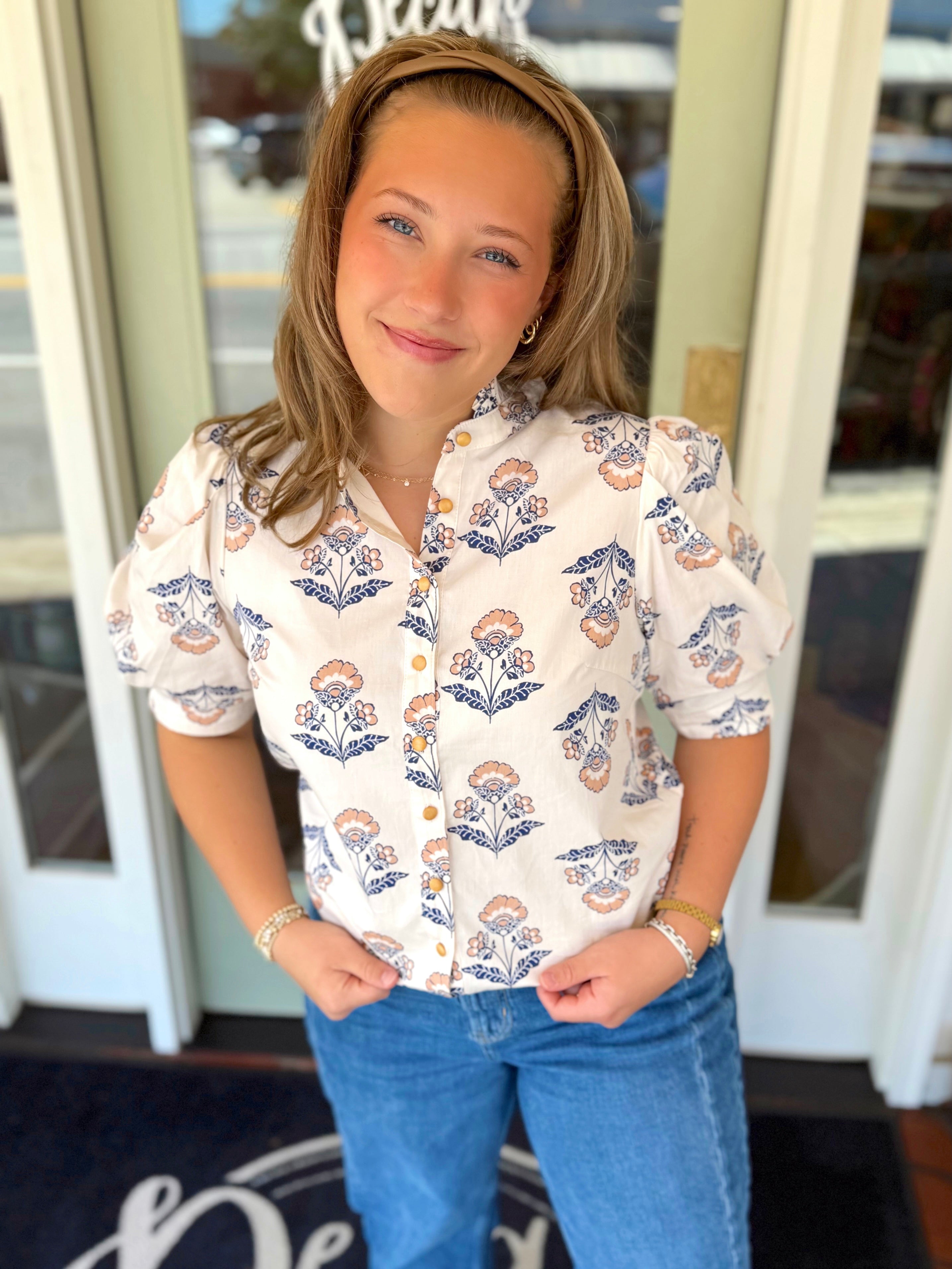 Vintage Floral Ruffle Neck Button Up Top By Karlie