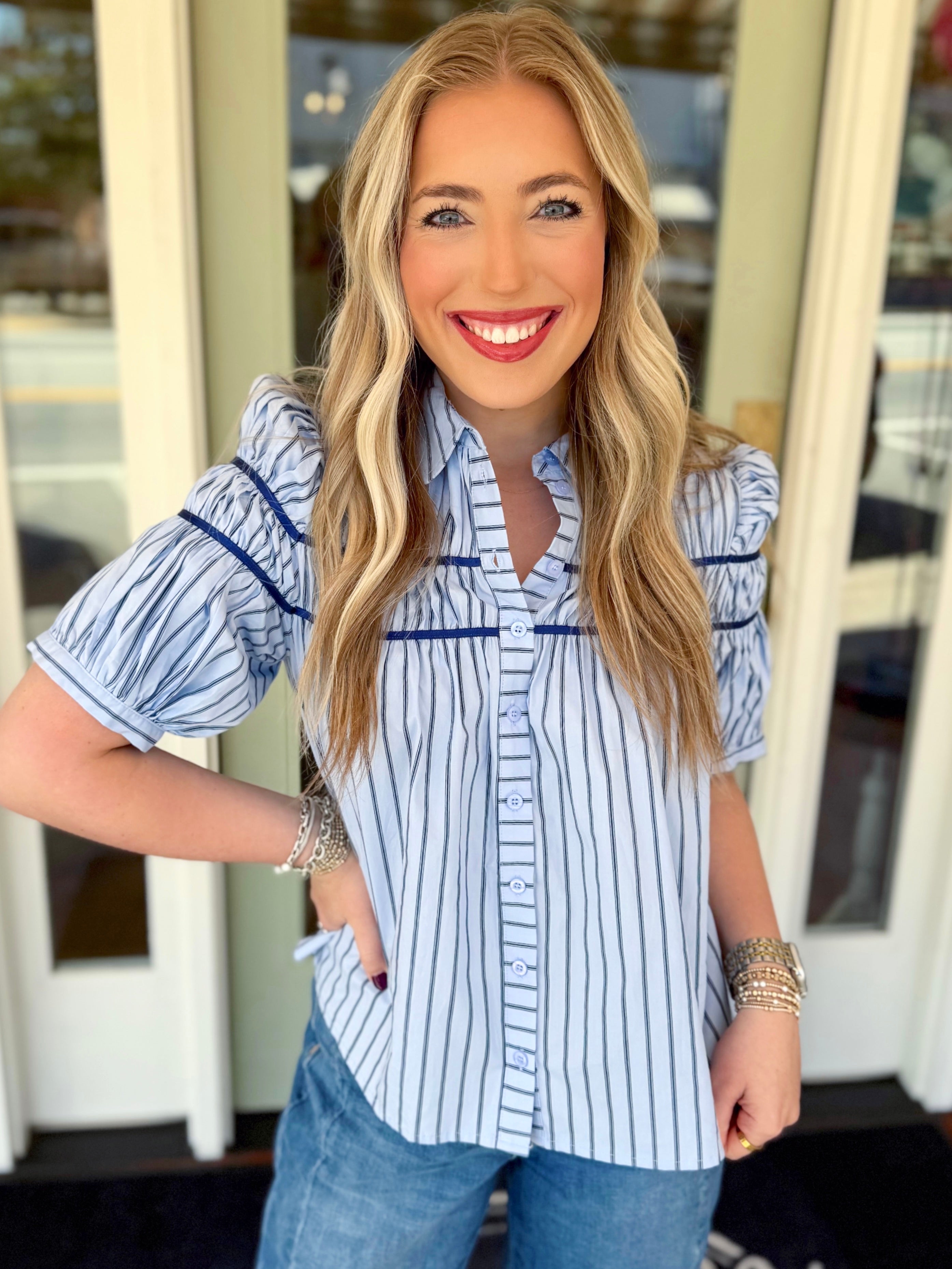 The Saylor Stripe Button Down Top By Karlie