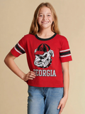A red short-sleeve ringer T-shirt with black and white sleeve stripes and a large sequin bulldog graphic above the word 'GEORGIA'