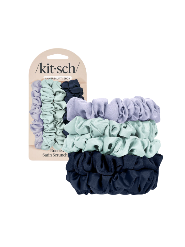 A set of five ruched satin scrunchies in various colors by kitsch