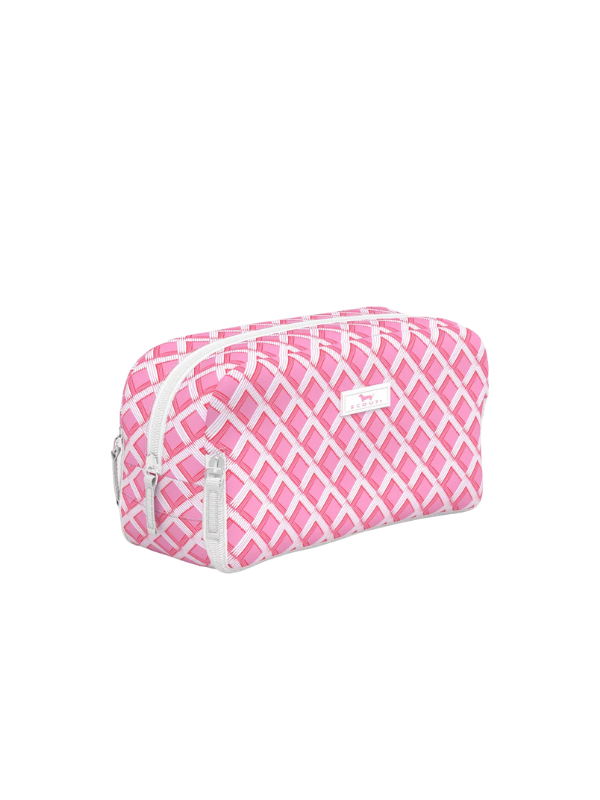 Pink and white patterned makeup and toiletry bag with zipper compartments 