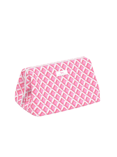 Pink and white patterned large makeup and toiletry bag with zipper