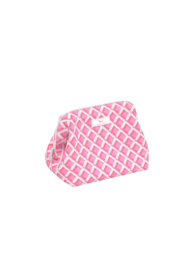 Pink and white patterned makeup and toiletry bag with zipper