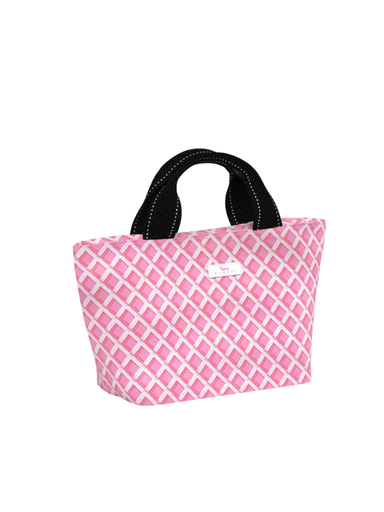 pink and white patterned insulated lunch box tote cooler