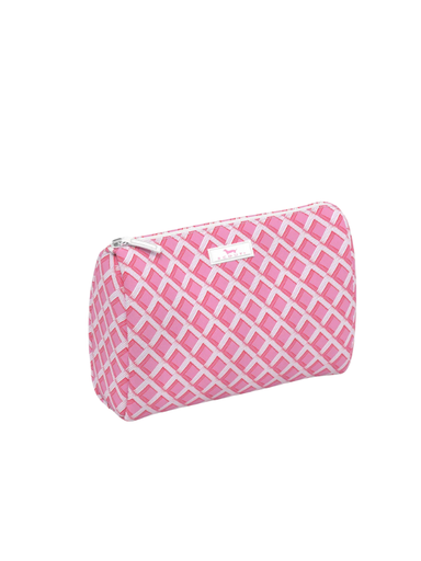 Pink and white patterned makeup and toiletry bag with zipper closure