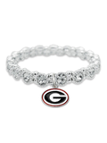 A silver-toned beaded stretch bracelet featuring a Georgia Bulldogs logo charm with a black and white 'G' outlined in red.