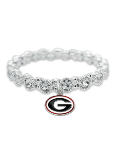 A silver-toned beaded stretch bracelet featuring a Georgia Bulldogs logo charm with a black and white 'G' outlined in red.