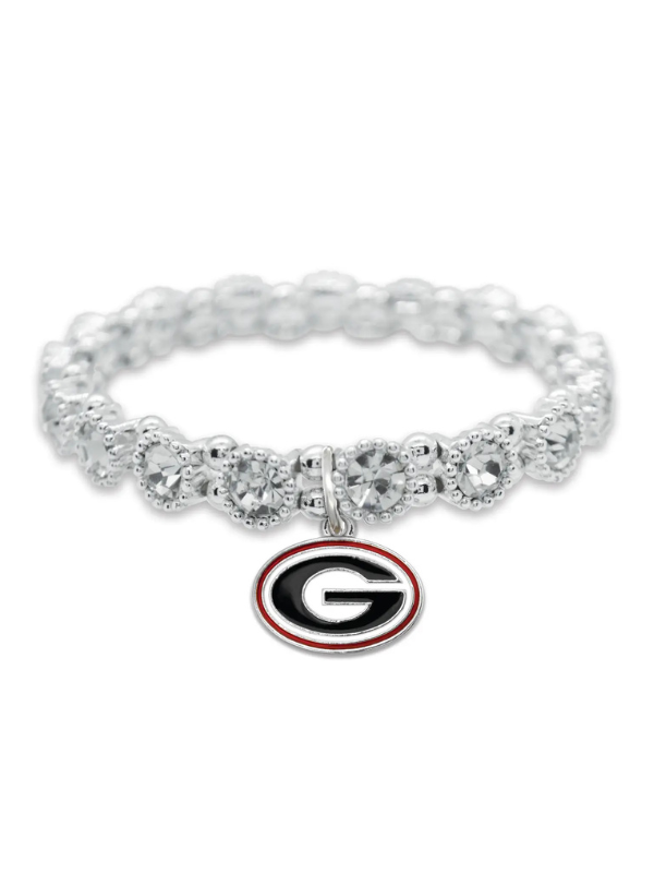 A silver-toned beaded stretch bracelet featuring a Georgia Bulldogs logo charm with a black and white 'G' outlined in red.
