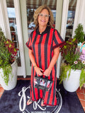 Red, white, and black striped maxi dress.