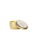 gold and lime striped Gilded Pear Holiday Tin Candle