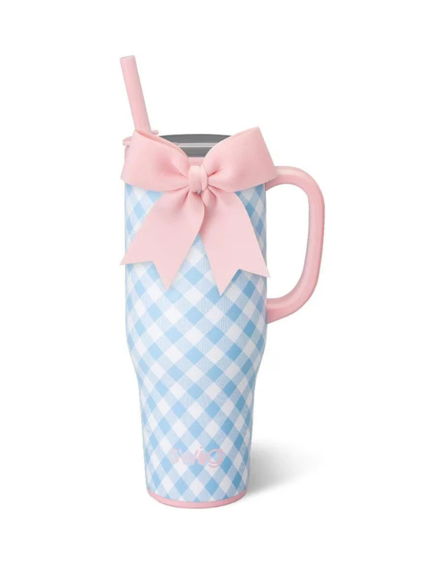 Gingham Bow 40oz Leakproof Mega Mug blue and pink 
