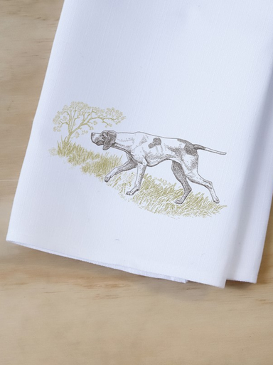 White tea towel with a pointer hunting dog on it 