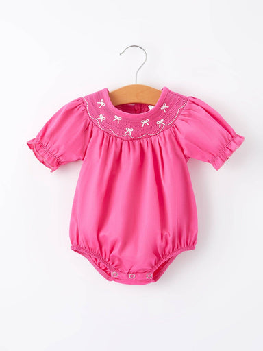 Pink bow embroidered smocked baby girl romper