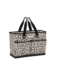 A rectangular tote bag with a beige and black leopard print pattern, featuring black handles, trim, and base