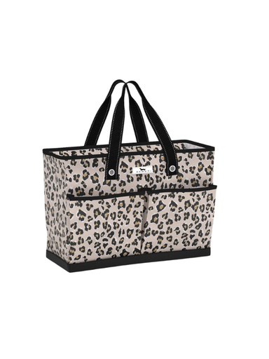 A rectangular tote bag with a beige and black leopard print pattern, featuring black handles, trim, and base