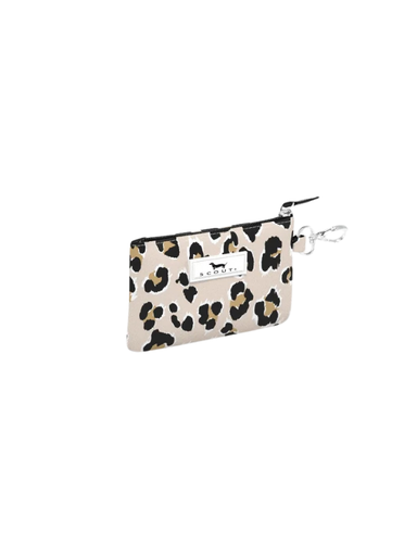 A small zippered pouch with a beige, black, and brown leopard print pattern, featuring a silver carabiner clip and a white brand label.