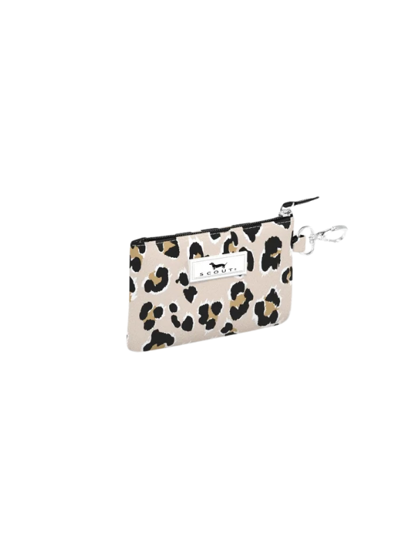A small zippered pouch with a beige, black, and brown leopard print pattern, featuring a silver carabiner clip and a white brand label.