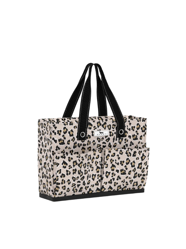 A leopard print tote bag with black handles and a black base