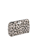 A small zippered cosmetic pouch with a leopard print pattern on a light beige background, featuring black and brown spots with subtle gold accents.