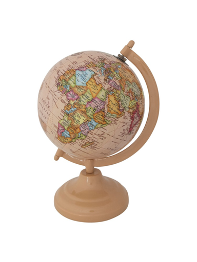 Hazel Mazel enameled plastic decorative globe with vintage-style world map in muted tones on a neutral pedestal stand.