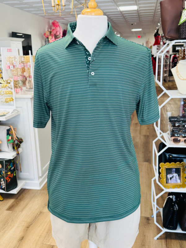 Glynn Stripe With Dogs Performance Polo in Forest & Sage By Struttin' Cotton