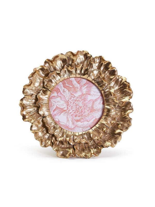 Decorative gold frame with a pink floral design on a white background