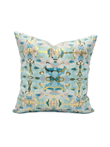 Decorative pillow with a blue and gold pattern