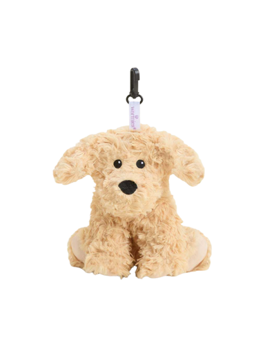 A plush dog keychain or bag clip in a light tan color, featuring curly faux fur, black embroidered eyes and nose