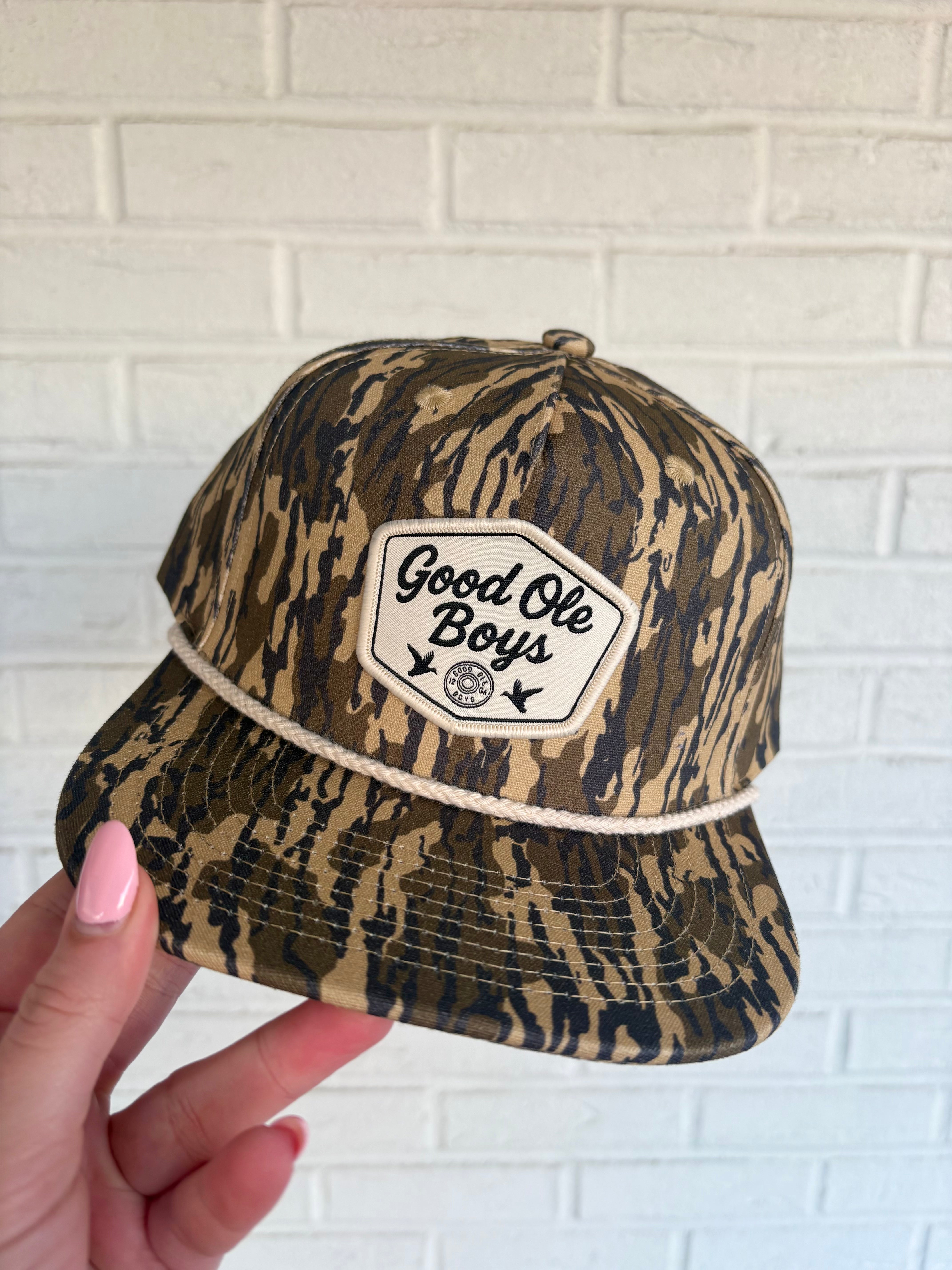 Camoflauge mossy oak cream patch rope hat good ole boys hunting 