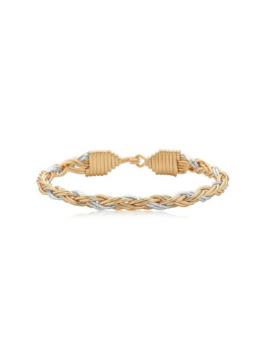 Gold and silver braided bracelet on a white background