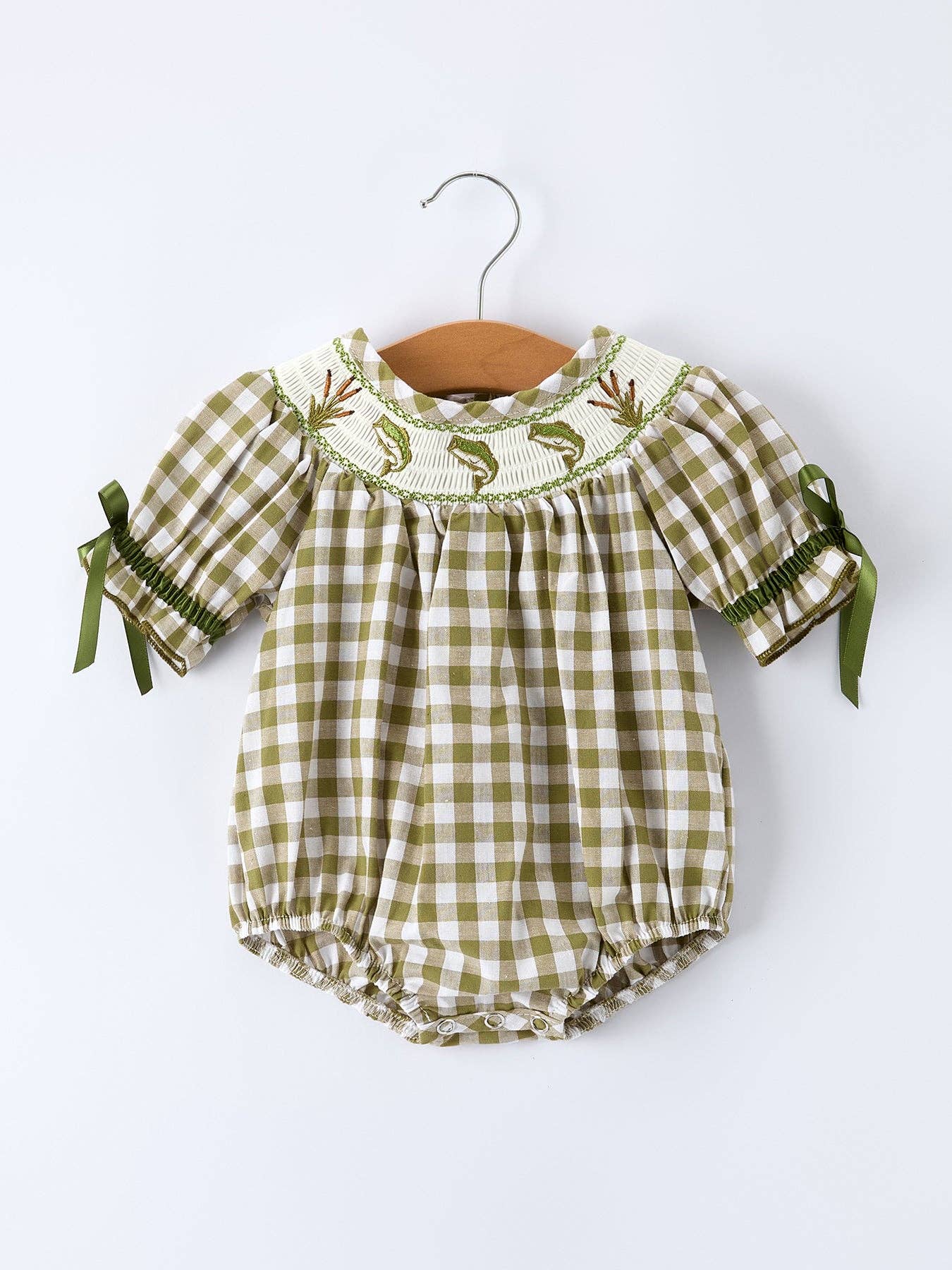 Green and white checkered baby romper with embroiderey