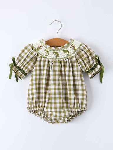 Green and white checkered baby romper with embroiderey