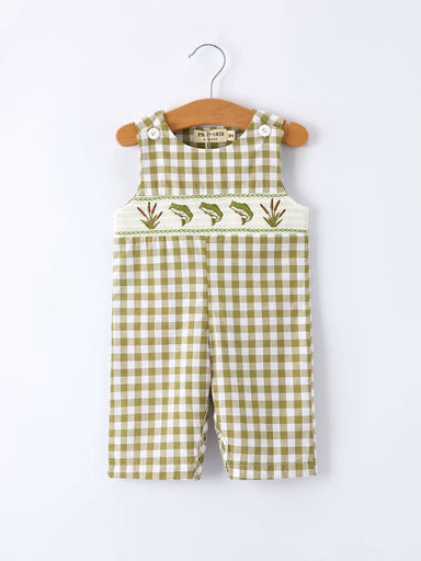 Baby Boy green checkered overalls with embroidered design.