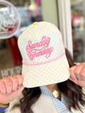 Green Polka Dot Sunday Funday Hat with pink writing 