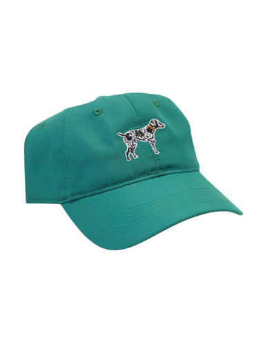 Green performance baseball cap featuring an embroidered bird dog graphic on the front.