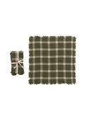 A folded and unfolded view of a fringed plaid scarf in olive green and beige, tied with a matching beige ribbon on a white background.