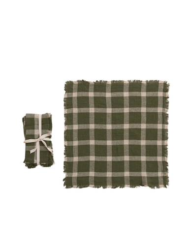 A folded and unfolded view of a fringed plaid scarf in olive green and beige, tied with a matching beige ribbon on a white background.